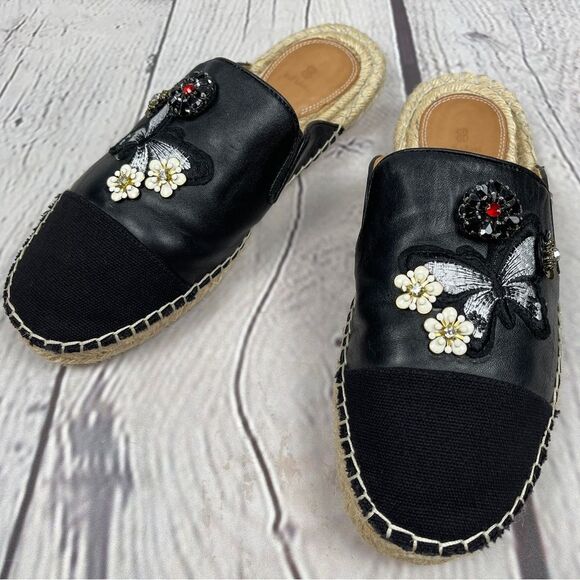 BILL BLASS Wallis black floral & butterfly embellished espadrille mules, size 9 - Picture 6 of 13